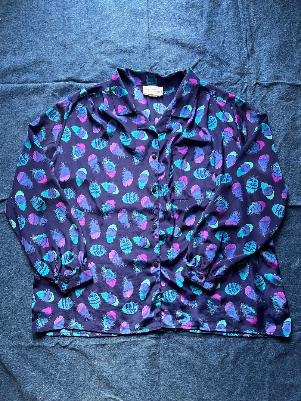 1970's Impressions of California Polyester Purple Feather Blouse